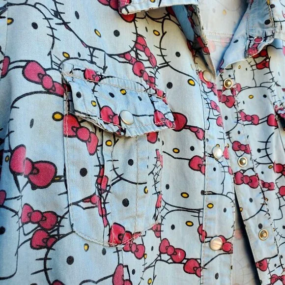Hello Kitty Pearl Snap Shirt Cotton Long Sleeve Western Womens S Blue Gray - Picture 10 of 10